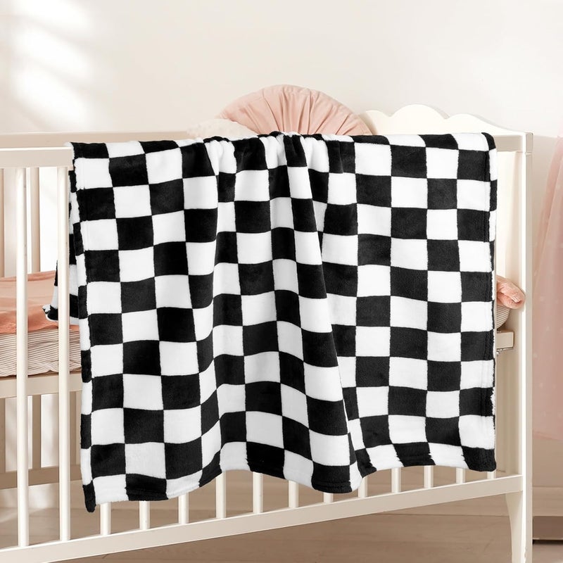 GreatBba Plush Checkered Baby Blanket for Boys Girls Nursery, 30"*40" Warm Short Fleece Blanket Neutral for Infant Newborn, Small Fuzzy for Sleeping, Chenille Baby for Stroller (Black&White) - Image 3